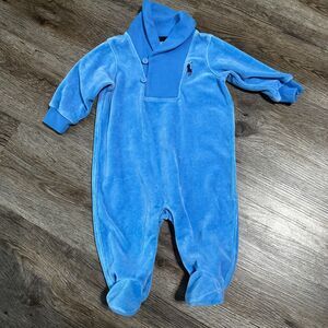 Ralph Lauren Boys 3 Months Blue Velour Shawl Collar Footie Coverall Warm Winter